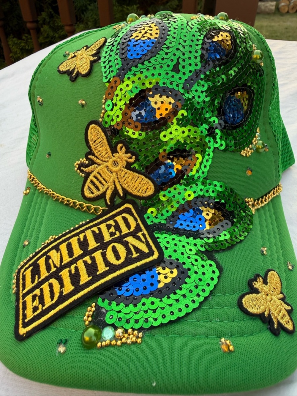 Limited Edition Green custom new trucker ' Sequin Peacock Baseball Cap